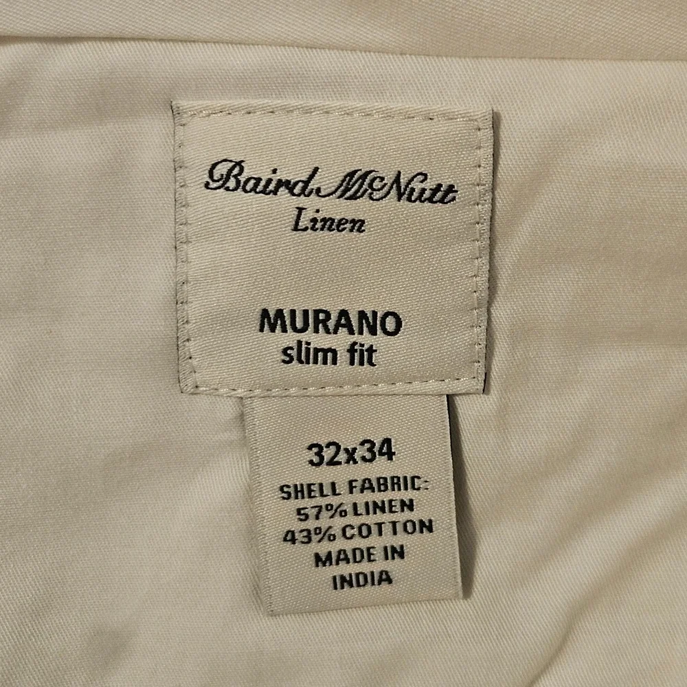 Murano Slim Fit Baird McNutt Linen Cotton Dress Pants Mens 32x34 Cream Trousers